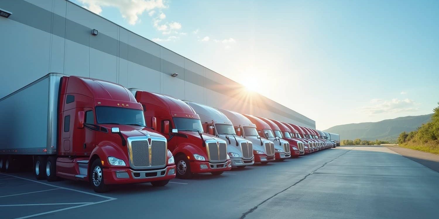 fleet of semi trucks lined up outside large distribution center, clean sky, modern transport logistics, professional stock photo vibe