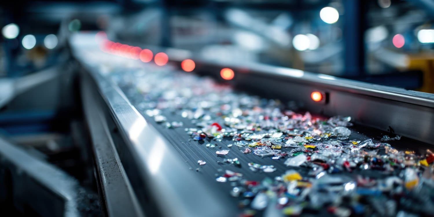 In a recycling facility, crushed plastic, metals, and paper are passing under optical sorting sensors on an automated conveyor belt. Bright indicator lights illuminate the industrial setting.
