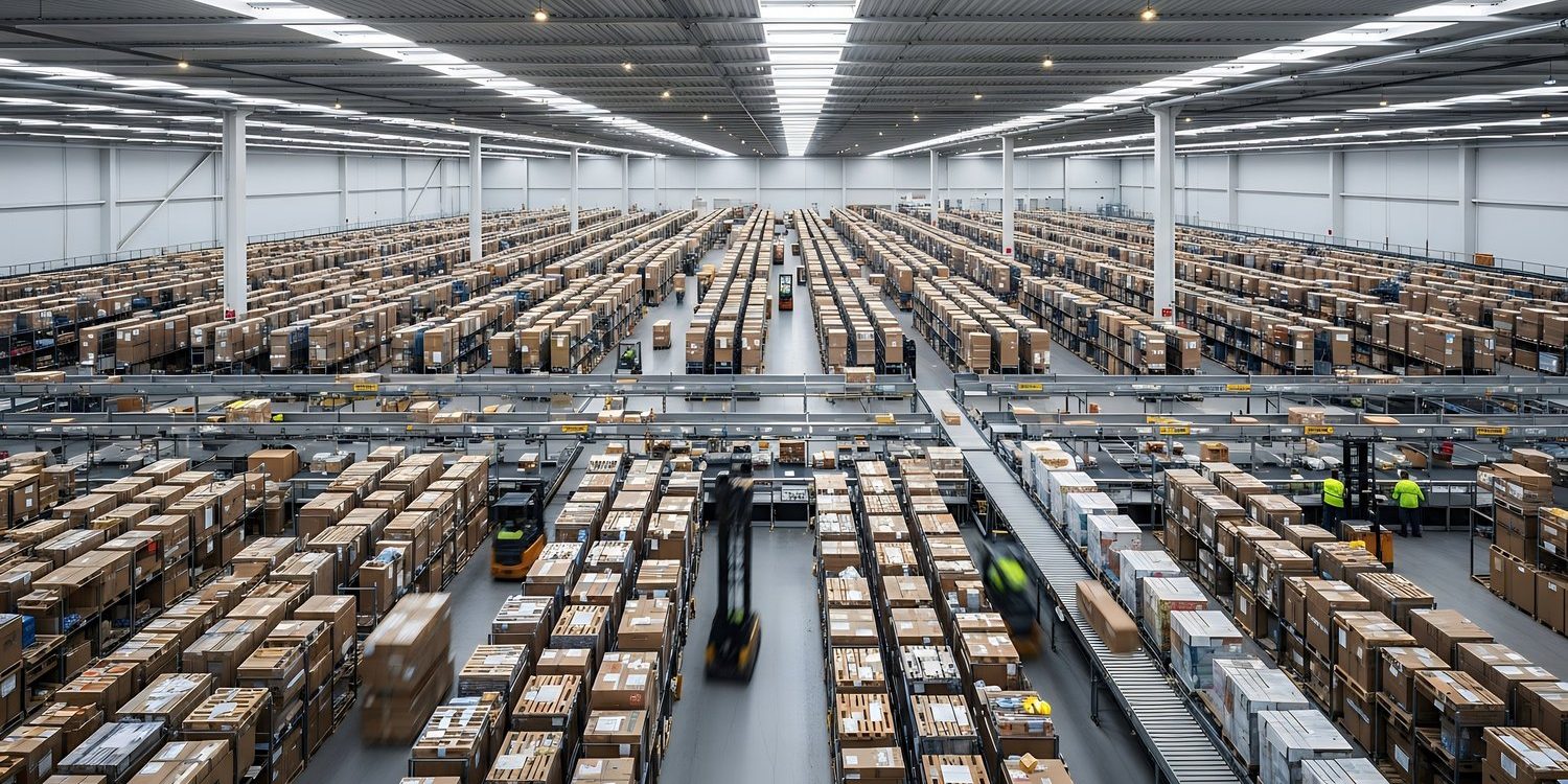 Wide-angle view of a large, busy distribution warehouse filled with countless stacked cardboard boxes and working forklifts, representing efficient logistics and supply chain operations.