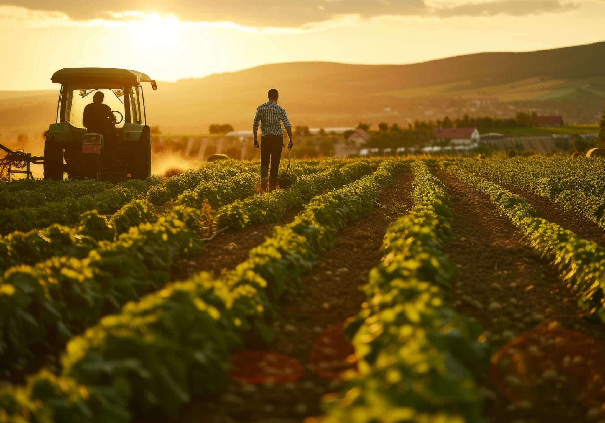 As the sun sets behind the mountains, a lone farmer tends to his cash crop on a sprawling plantation, guided by the gentle hum of his trusty tractor in the vibrant field of grass and flowers