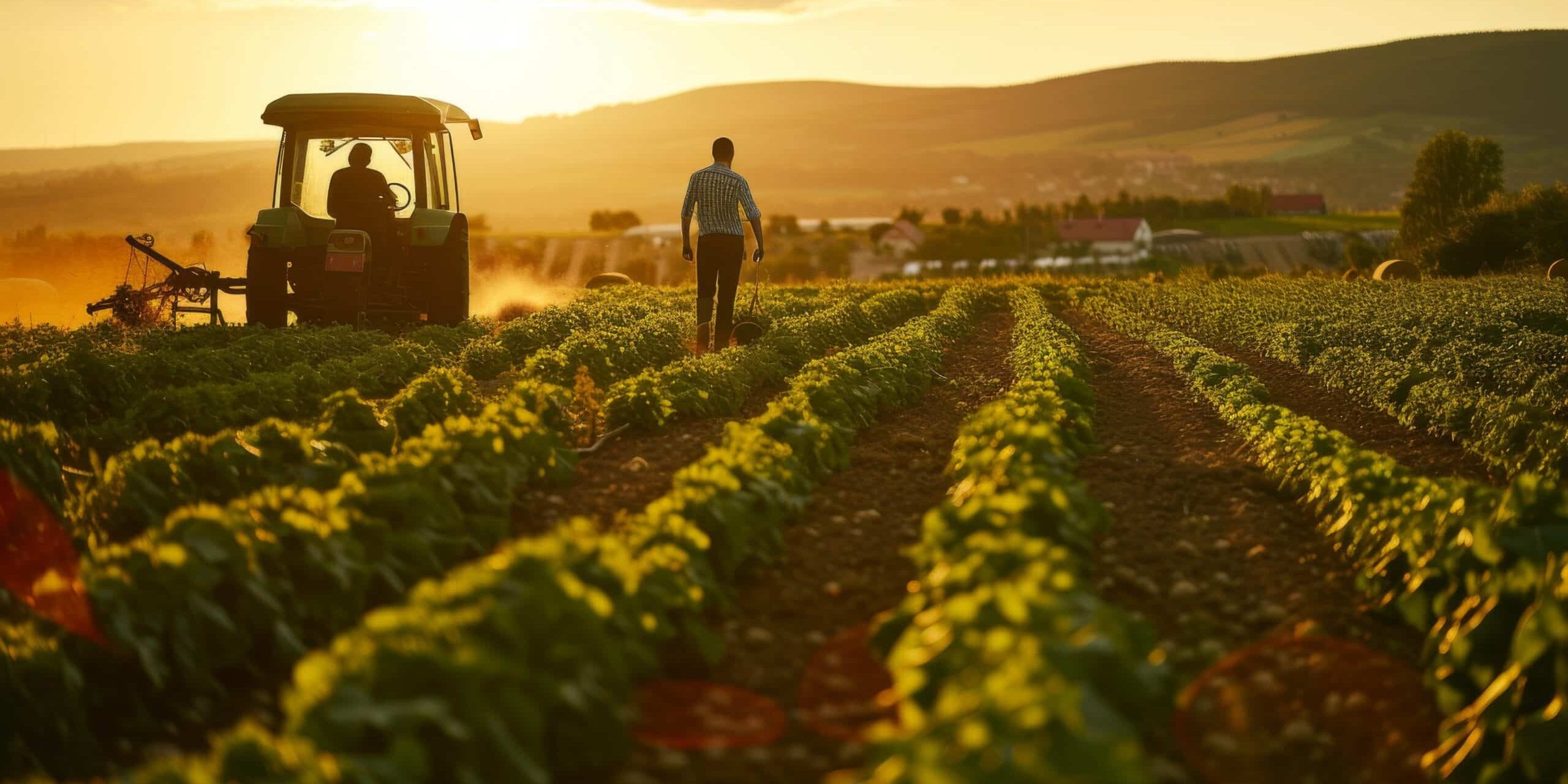 As the sun sets behind the mountains, a lone farmer tends to his cash crop on a sprawling plantation, guided by the gentle hum of his trusty tractor in the vibrant field of grass and flowers